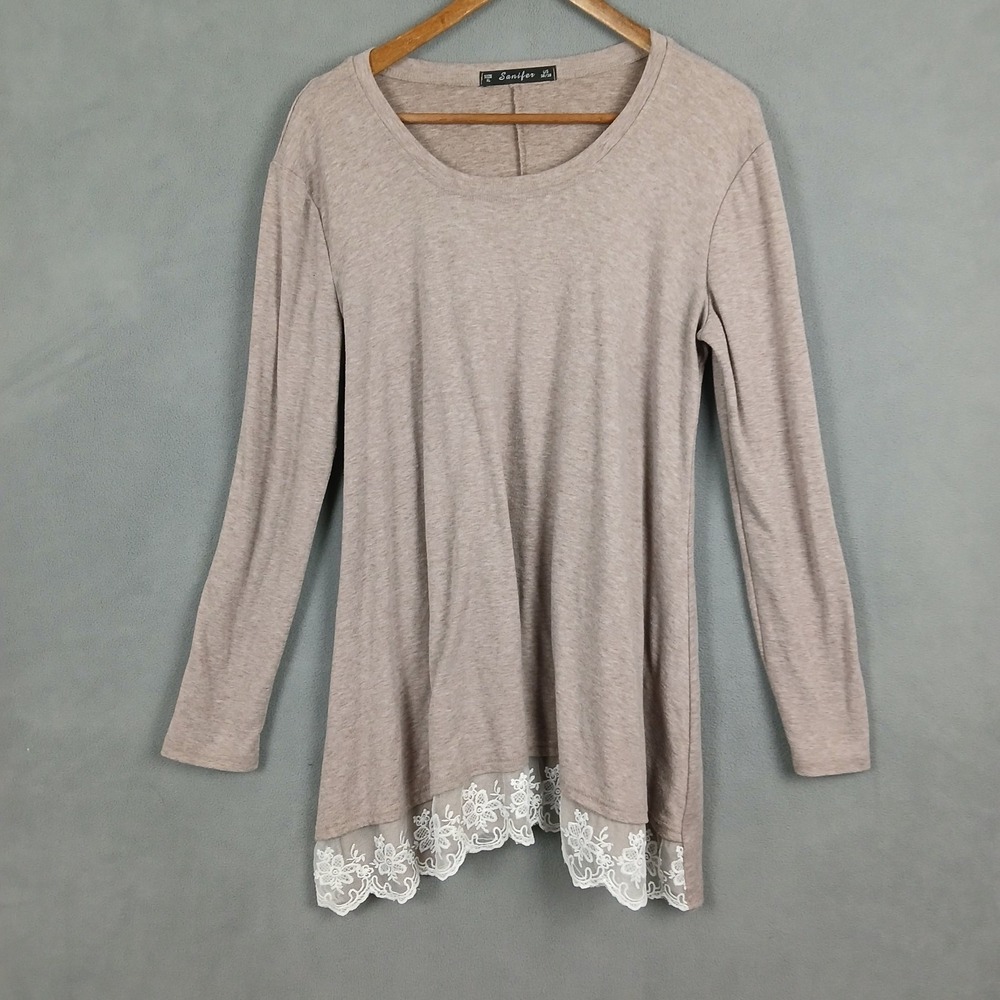 Sanifer Shirt Womens 16/18 Beige Knit Long Sleeve‎ Round Neck Lace Trim Comfort